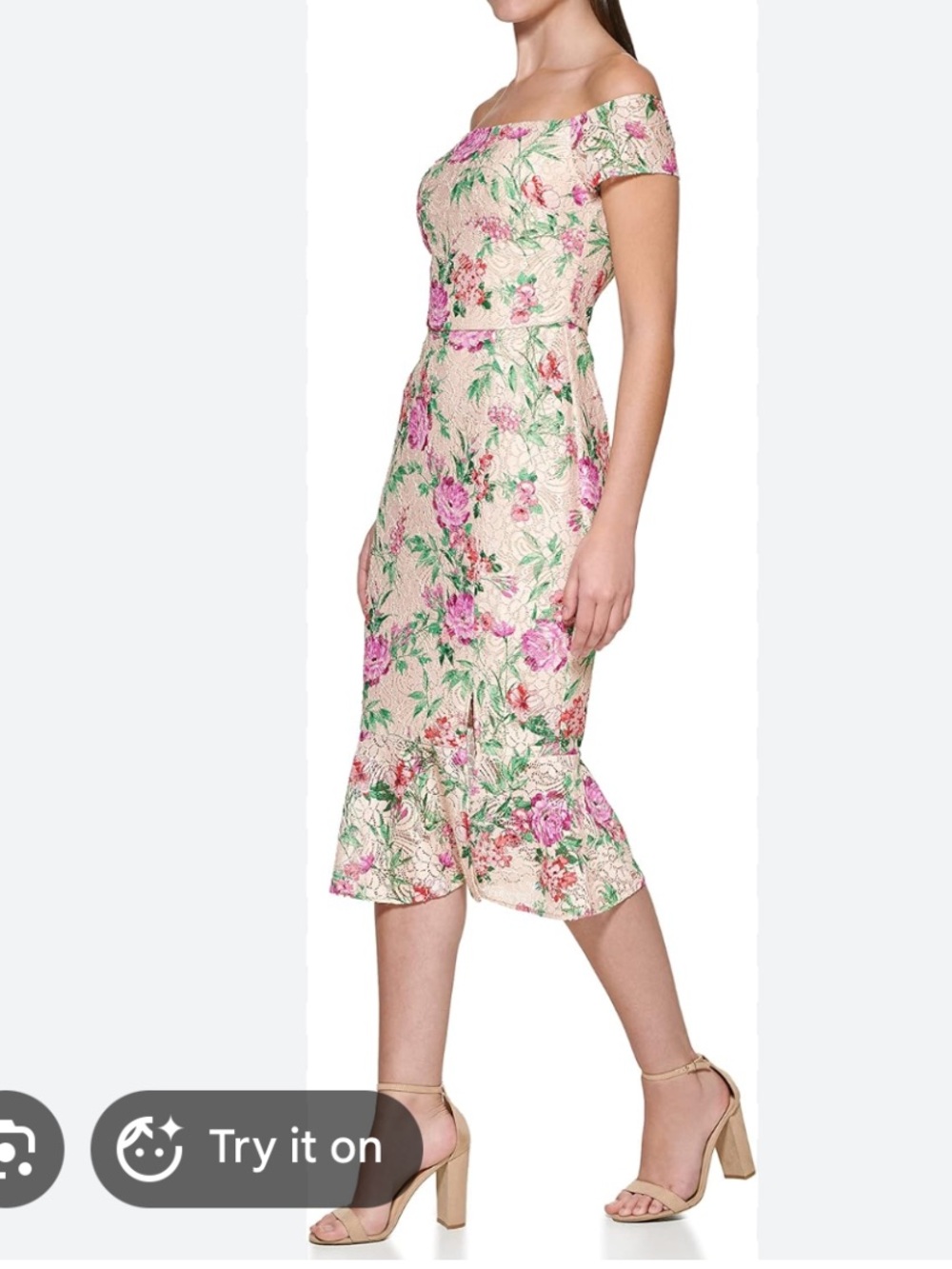 GUESS Pink Floral One-Shoulder Midi Dress in Cream Base